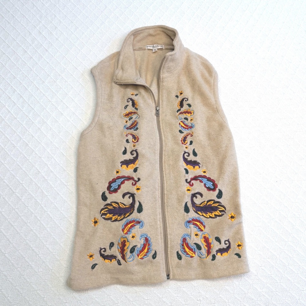 Rebecca Malone Petite Tan Fleece Vest Embroidered Floral Paisley Full Zip PM